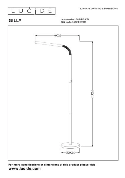 Lucide GILLY - wiederaufladbare Stehlampe Mit Leselampe - Akku/Batterie - LED Dim. - 1x6W 2700K - Schwarz - technisch